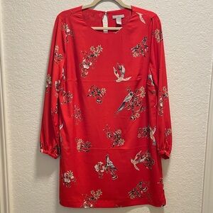 H&M Red Bird Print Long Sleeve Dress